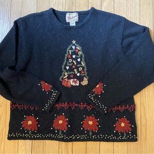 Woolrich sweater women’s M Black wool cotton embroidered Christmas Tree floral